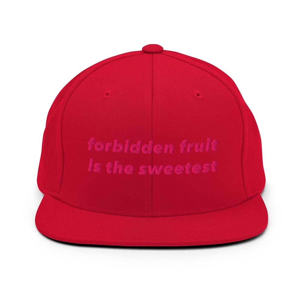 Red flatbill cap with pink text &
