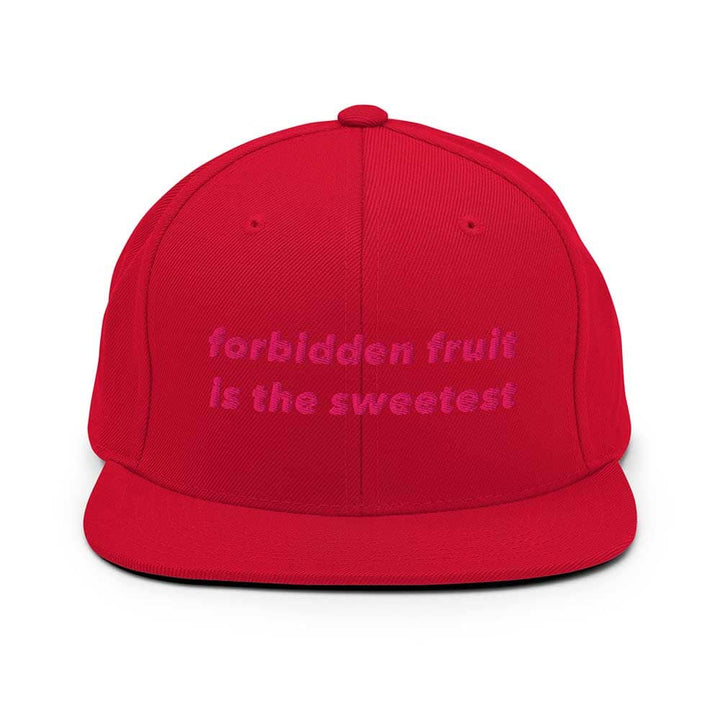 Red flatbill cap with pink text &