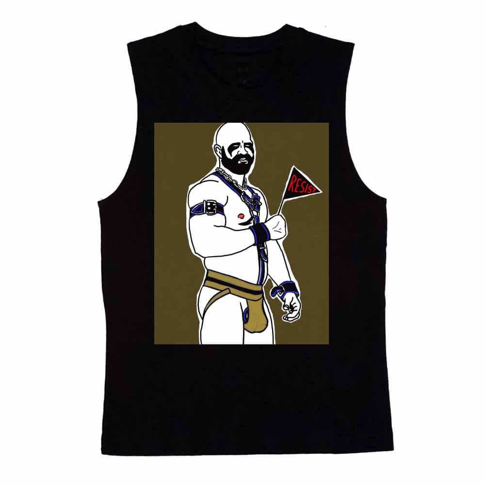 jockstrap harness wearing man graphic on black sleeveless muscle t-shirt