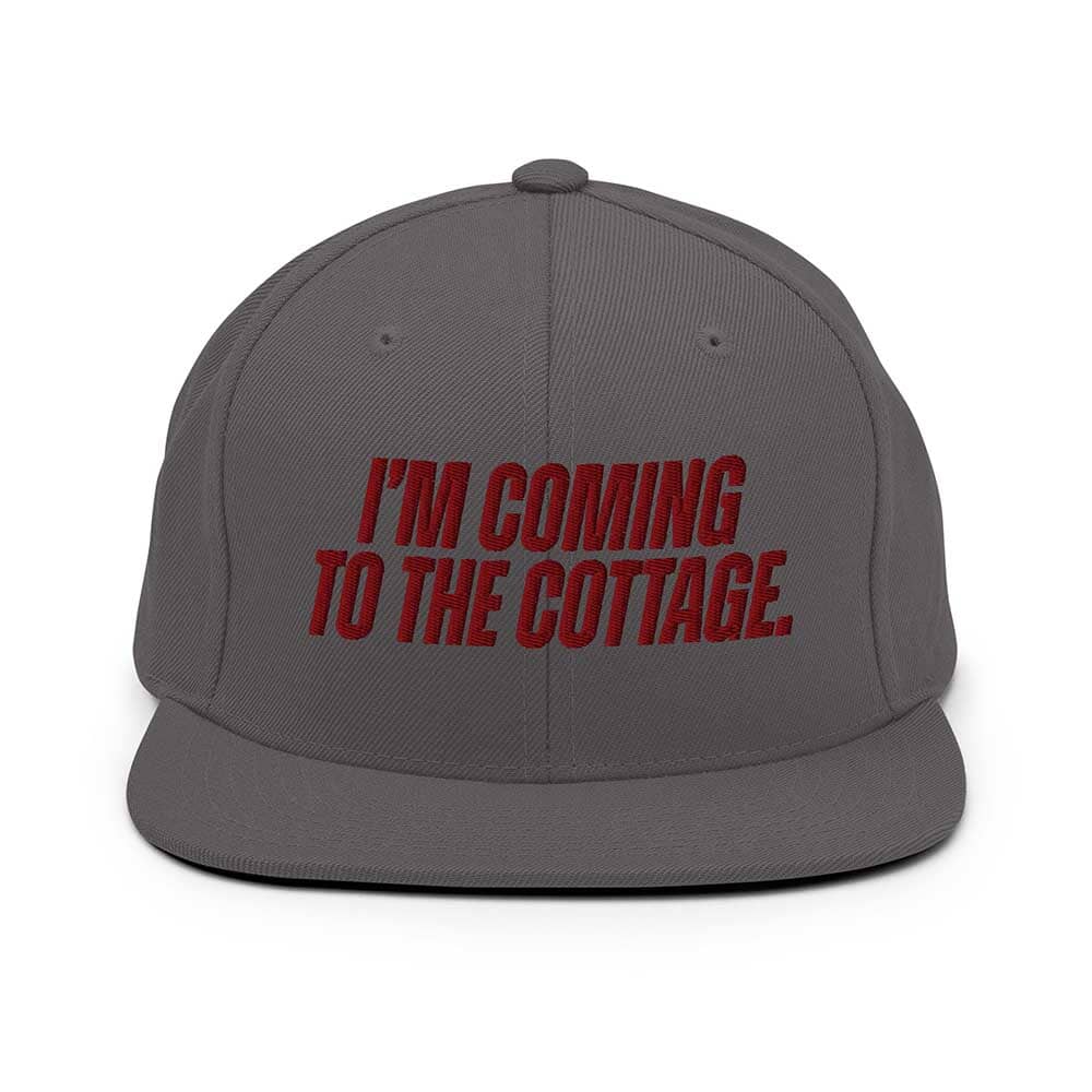 Gray cap with red text 'I'm Coming to the Cottage' on a white background