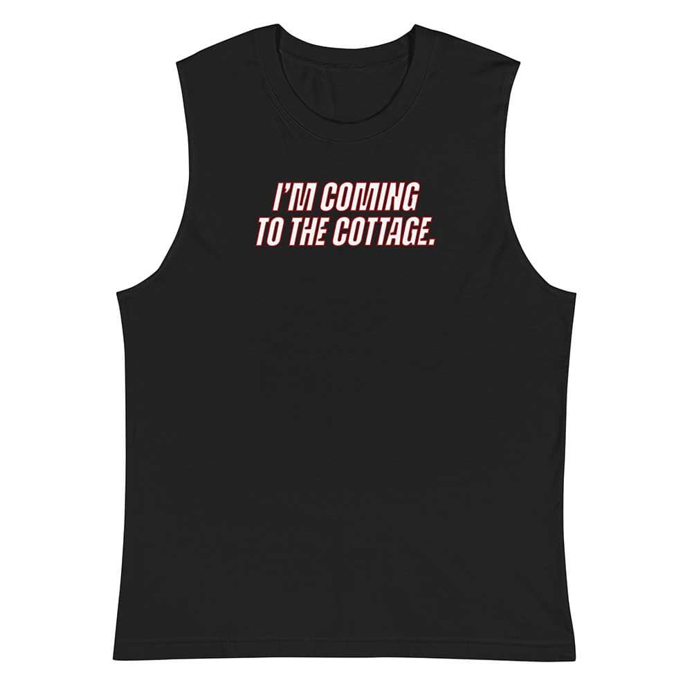Black sleeveless shirt with red text on a white background