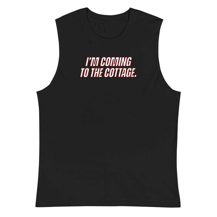 Black sleeveless shirt with red text on a white background