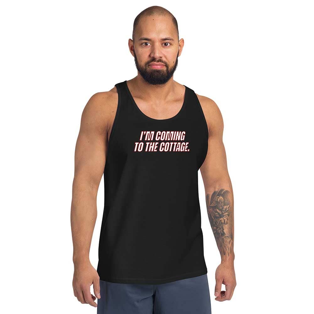 Man wearing a black tank top with text on a white background