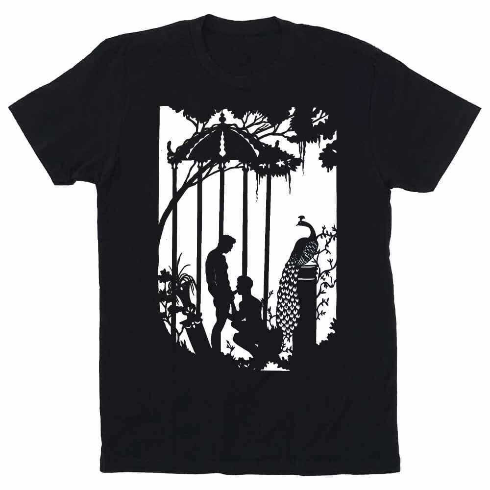 Black t-shirt with a white silhouette design of a couple and peacock in a forest setting.