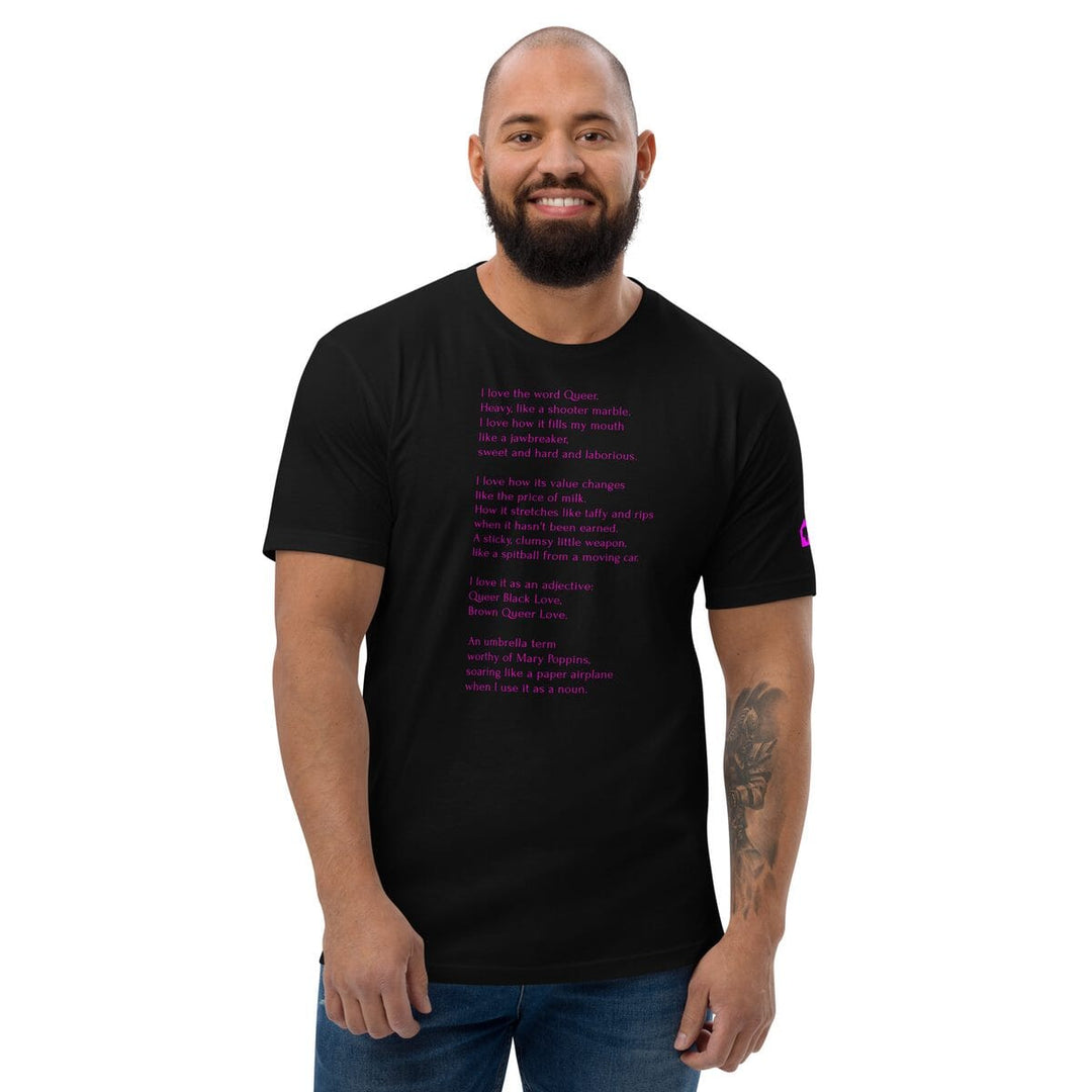 Model wearing black fitted t-shirt featuring Leo Herrera&
