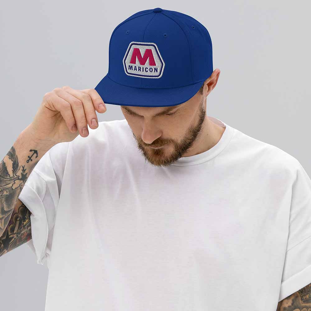 Maricon Flatbill 6-Panel Snapback Hat royal blue on guy