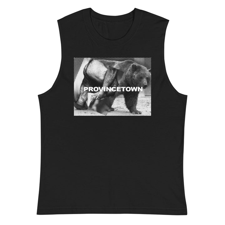 Clean flat front view of black unisex Naro Pinosa Provincetown bear muscle shirt. Bear Week 10th anniversary reissue, Adam&