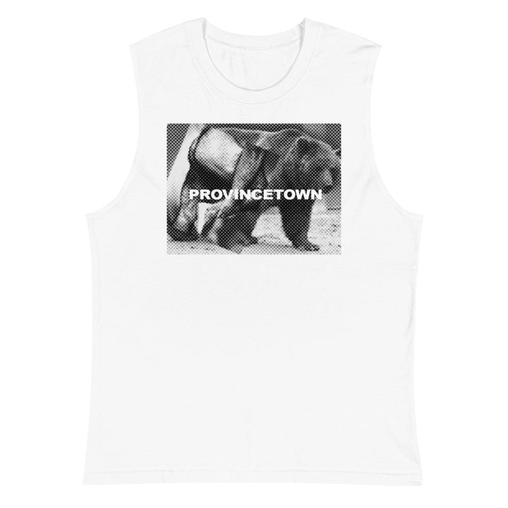 Clean flat front view of white unisex Naro Pinosa Provincetown bear halftone muscle shirt. Bear Week graphic, Adam&