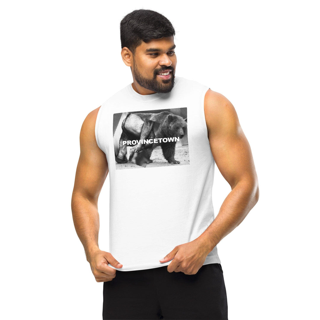 Larger build male model wearing white Naro Pinosa Provincetown bear muscle shirt. Bear Week 10th anniversary reissue from Adam&
