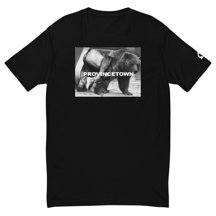 Clean flat front view of black Naro Pinosa Provincetown bear graphic t-shirt. Original Bear Week design from Adam&