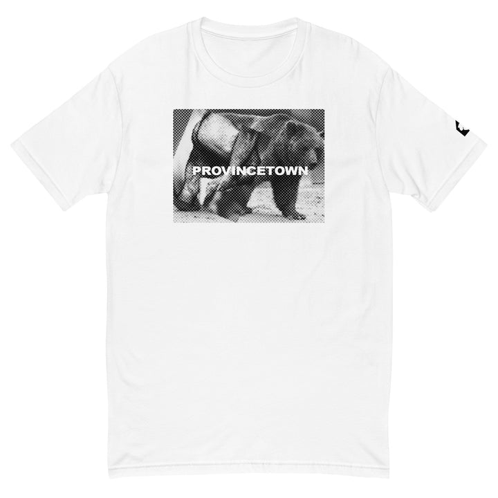 Clean flat front view of white Naro Pinosa Provincetown bear graphic t-shirt. Original Bear Week design from Adam&
