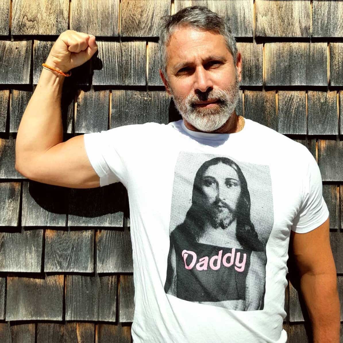 greay bearded man in jesus daddy t-shirt