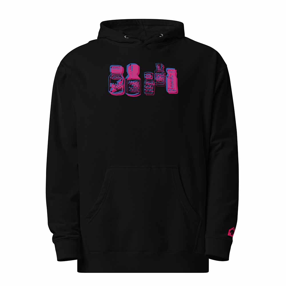 Black hoodie with pink and blue poppers graphic design on a white background
