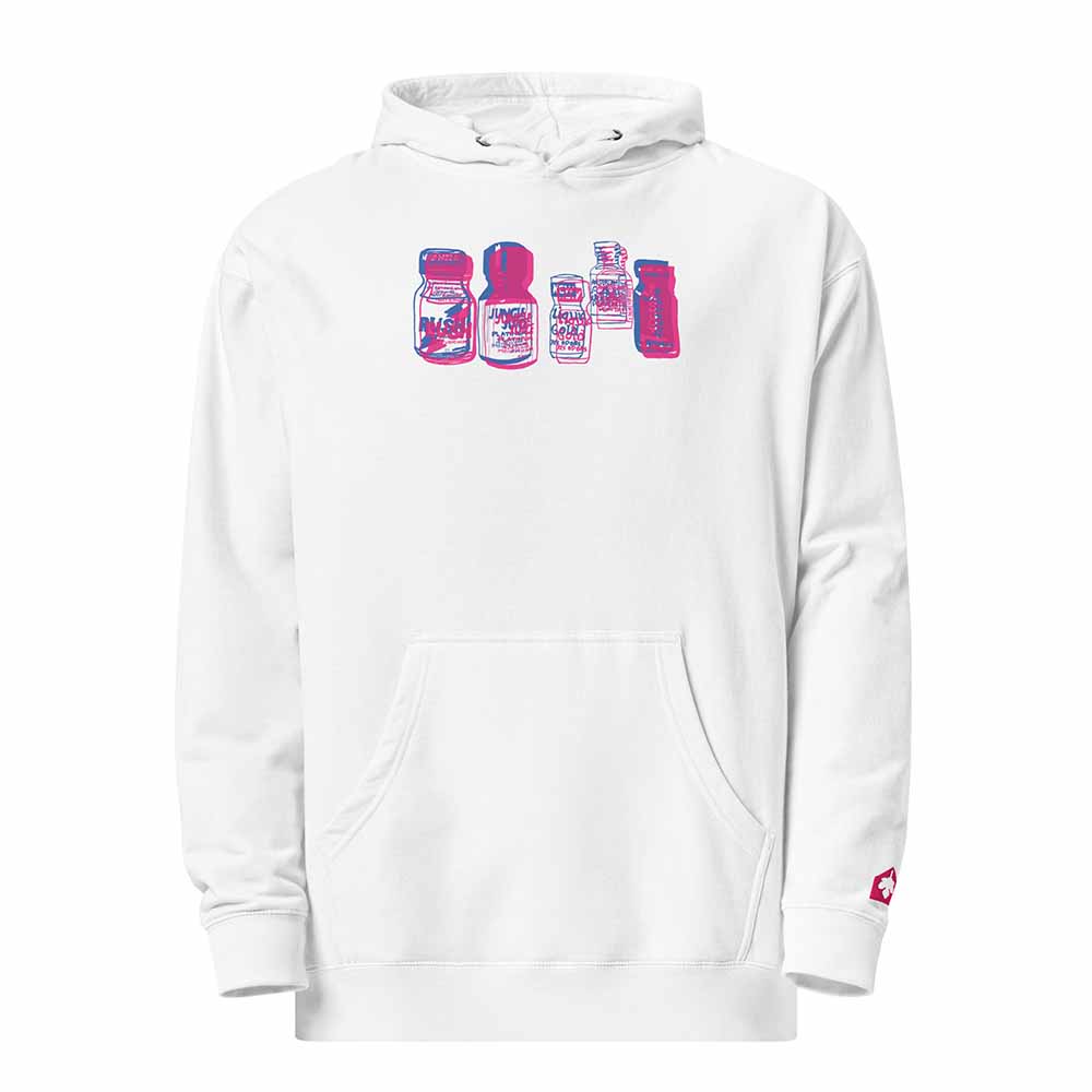 White hoodie with colorful popper bottle graphics on a white background
