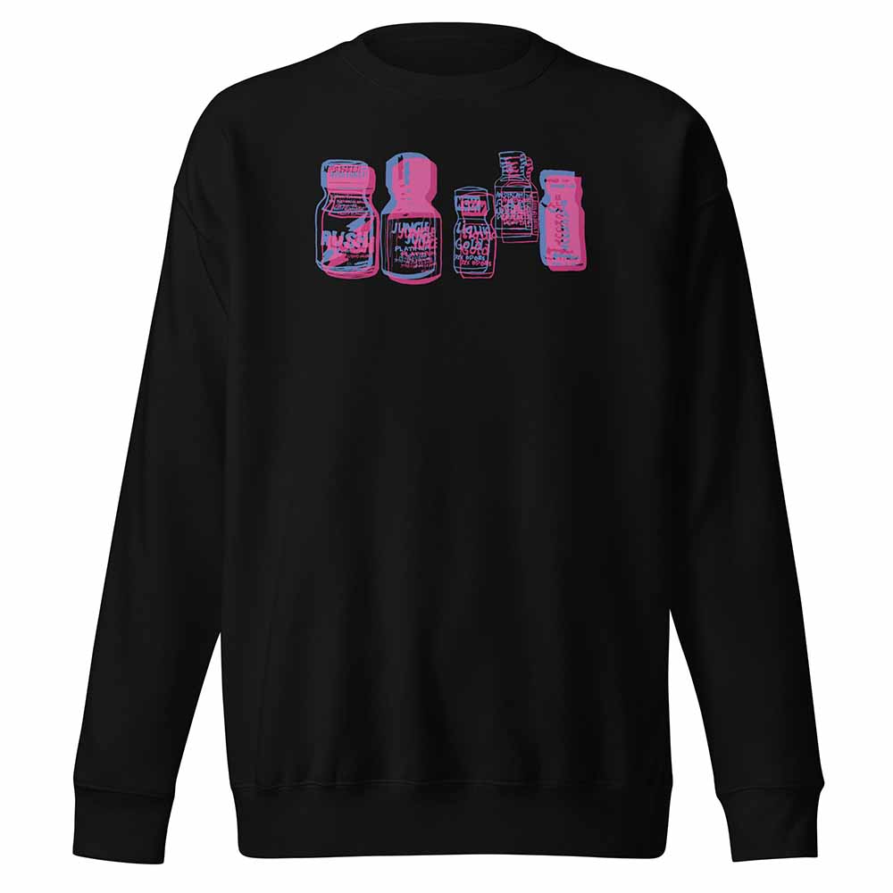 Black sweatshirt with pink popper bottle graphic design on a white background