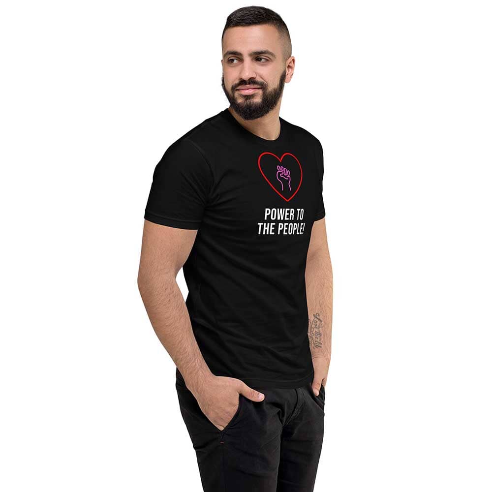 Man wearing a black t-shirt with a graphic and text on a white background