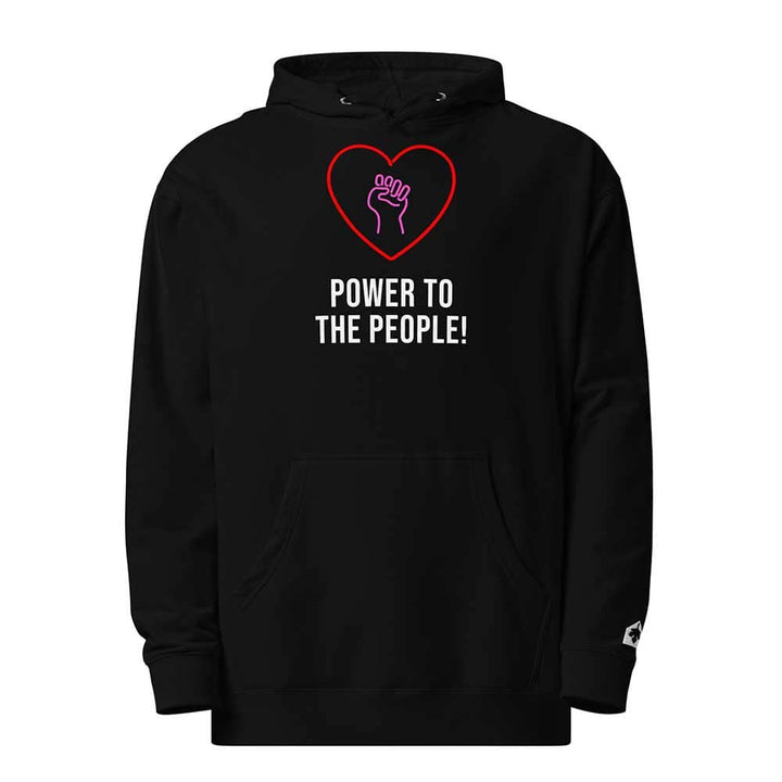 Black hoodie with a heart and hand design, and &
