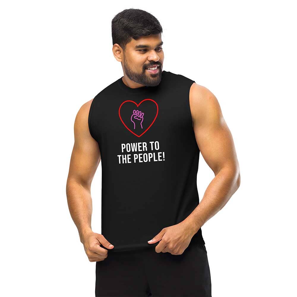 Man wearing a black sleeveless shirt with a heart and hand graphic and text 'Power to the People!' on a white background