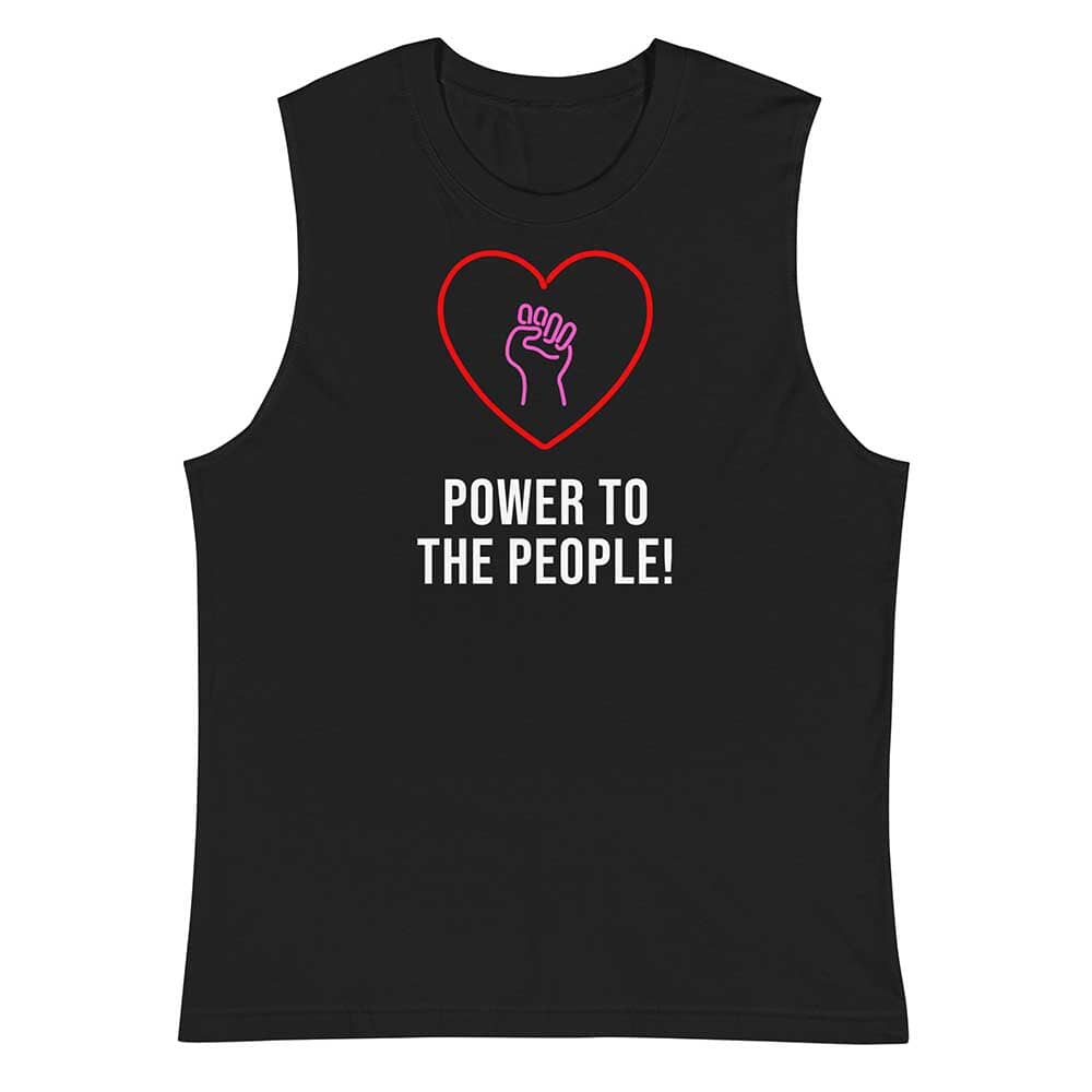 Black sleeveless shirt with a heart and hand graphic and 'Power to the People!' text on a white background
