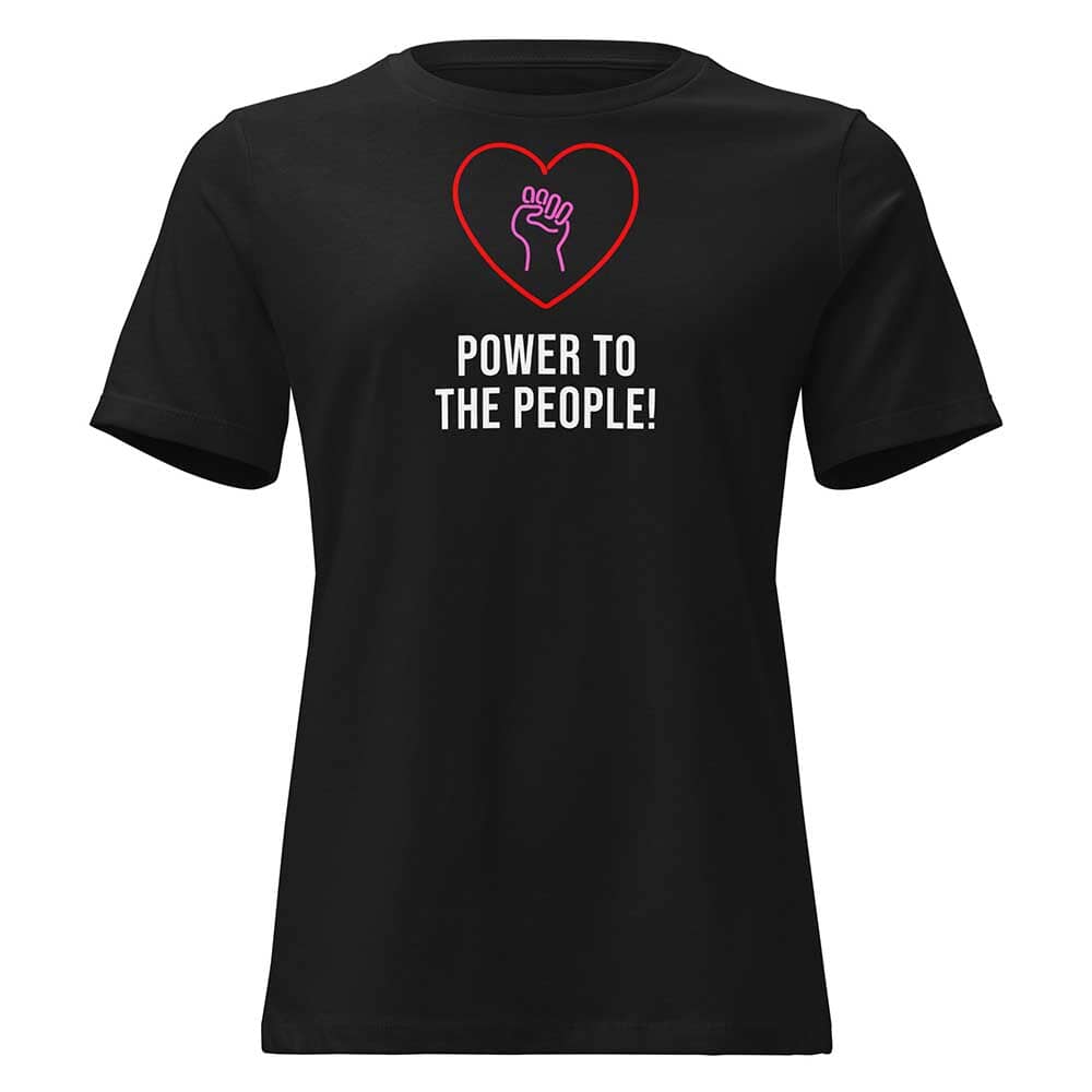 Black t-shirt with a red heart and white text 'Power to the People!' on a white background