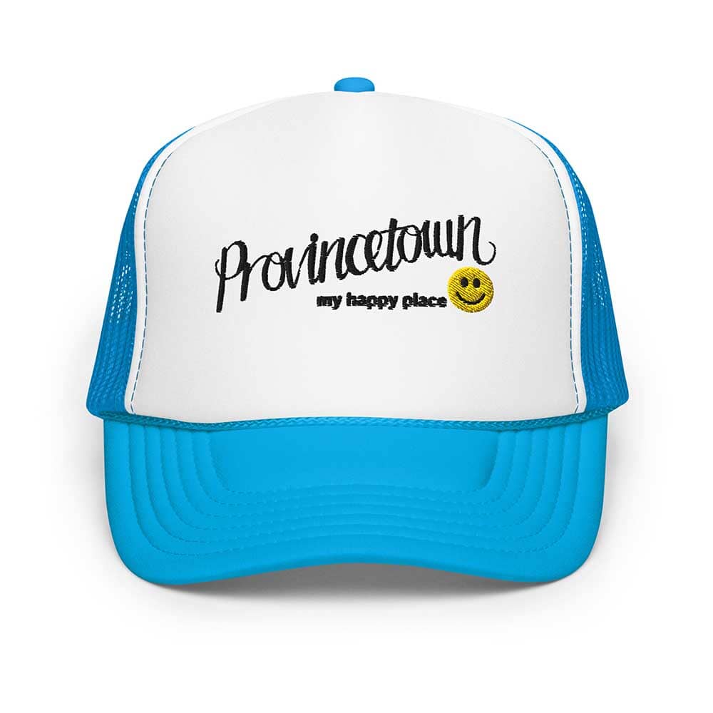 Blue and white foam trucker cap with 'Provincetown my happy place' text and smiley face on a white background