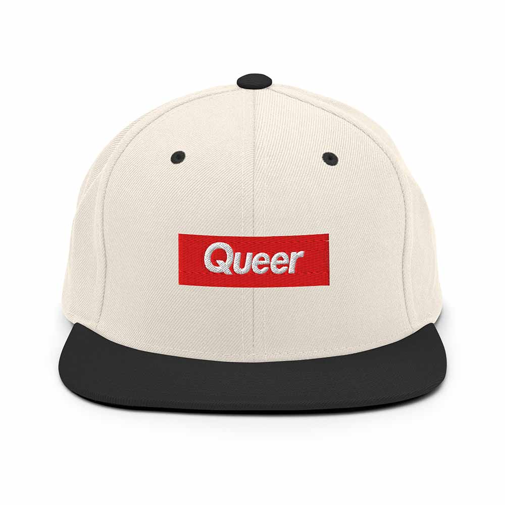 Queer Flatbill 6-Panel Snapback Hat ivory and black