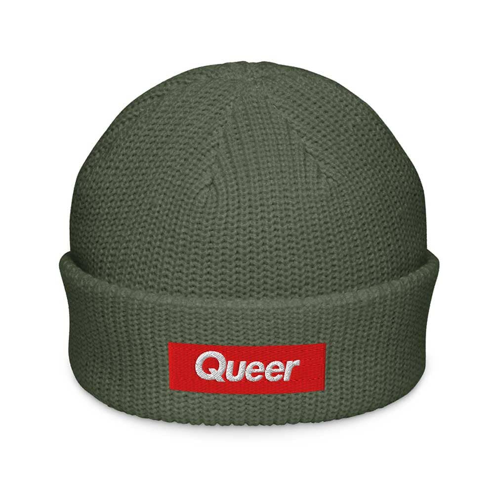 Green beanie with a red &