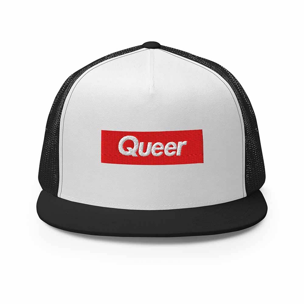 Queer Flatbill 5-Panel Trucker Mesh Snapback Hat white/black