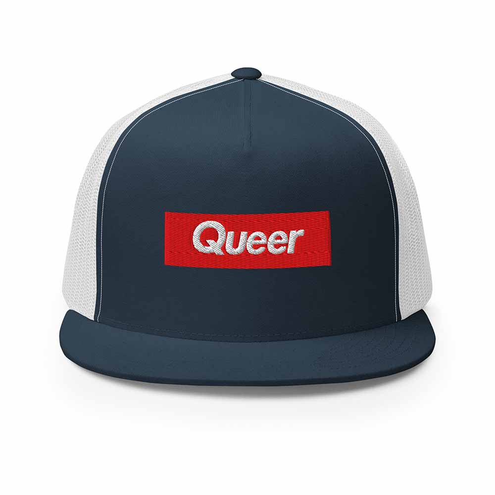 Queer Flatbill 5-Panel Trucker Mesh Snapback Hat Navy white