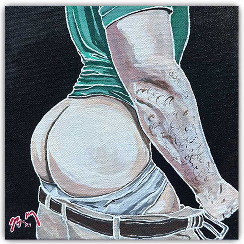 ass in pulled down khakis and green t-shirt