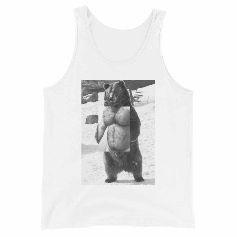 White tank top with a graphic of a bear on a white background