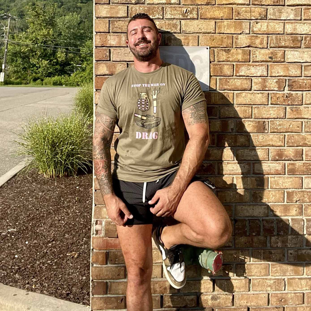 stop the war on drag t-shirt on man