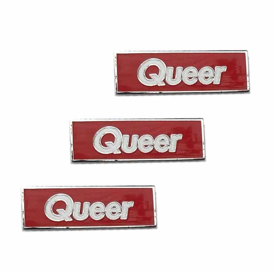 3 queer red rectangle white type enamel pins