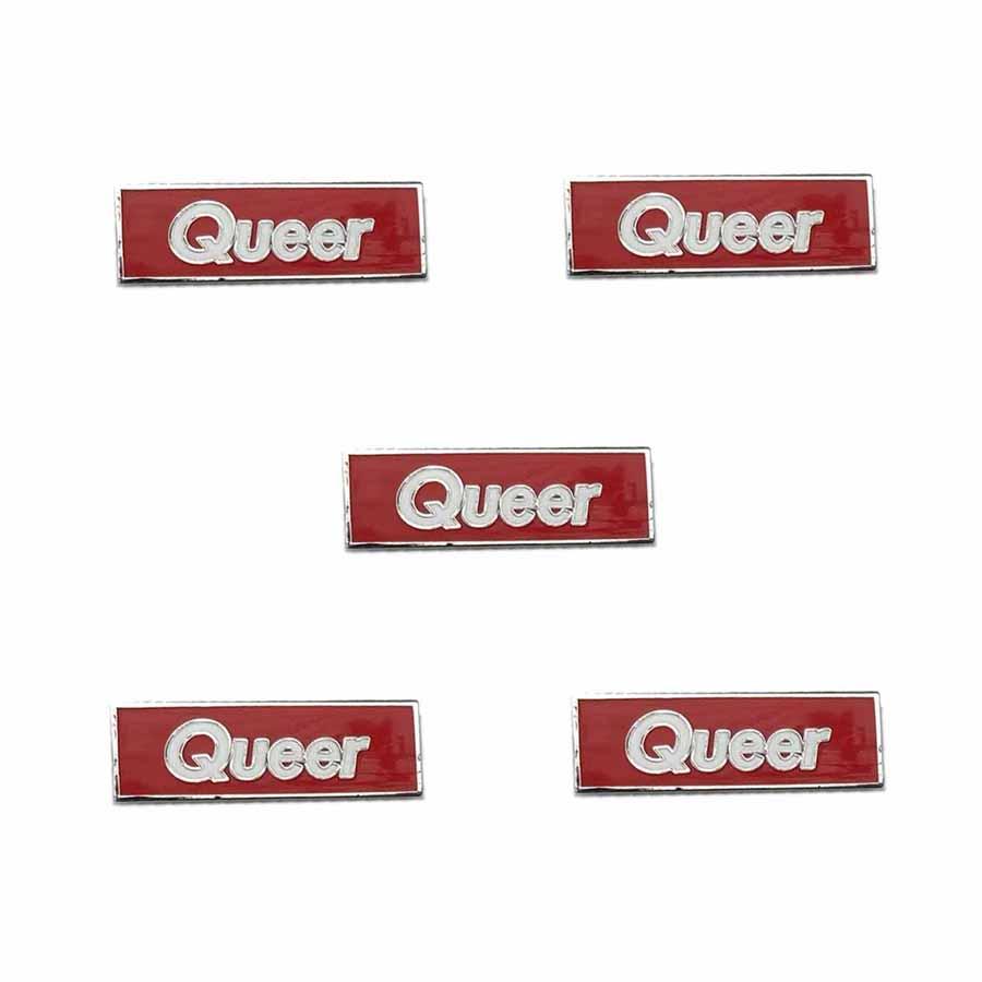 5 queer red rectangle white type enamel pins