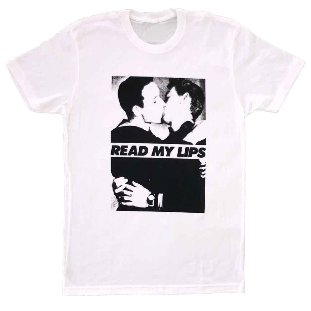 read my lips gran fury vintage photo men kissing t-shirt white