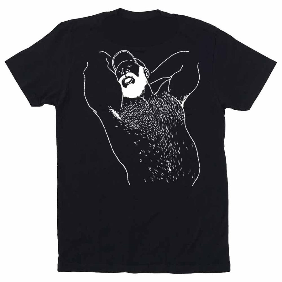 Kinky Needles Arms Up Bearded Bear White Print T-Shirt by Kinky Needles