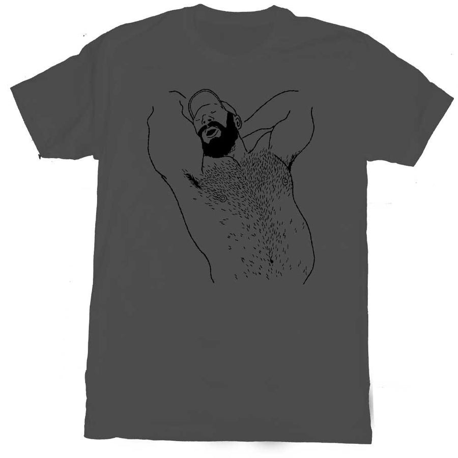 Kinky Needles Arms Up Bearded Bear Black Print T-Shirt by Kinky Needles