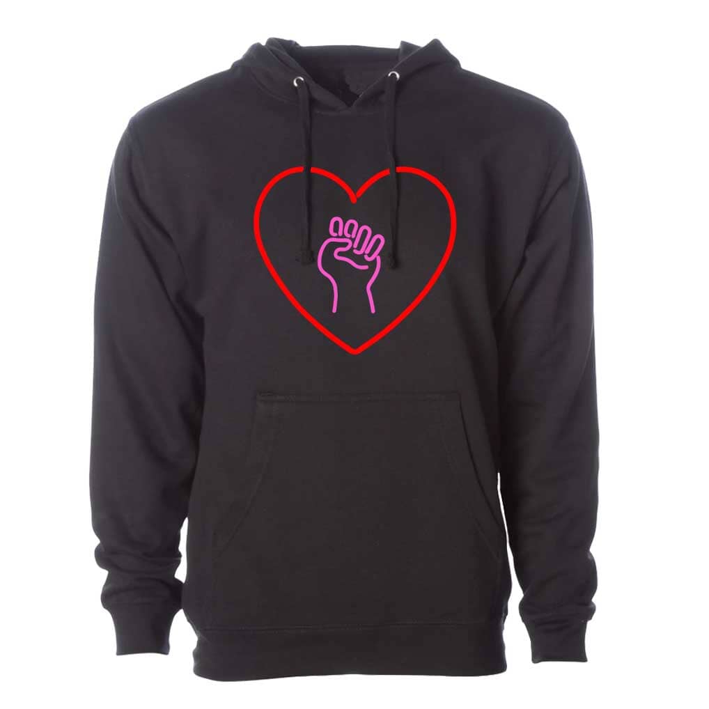 heart and solidarity fist pullover hooded black sweatshirt