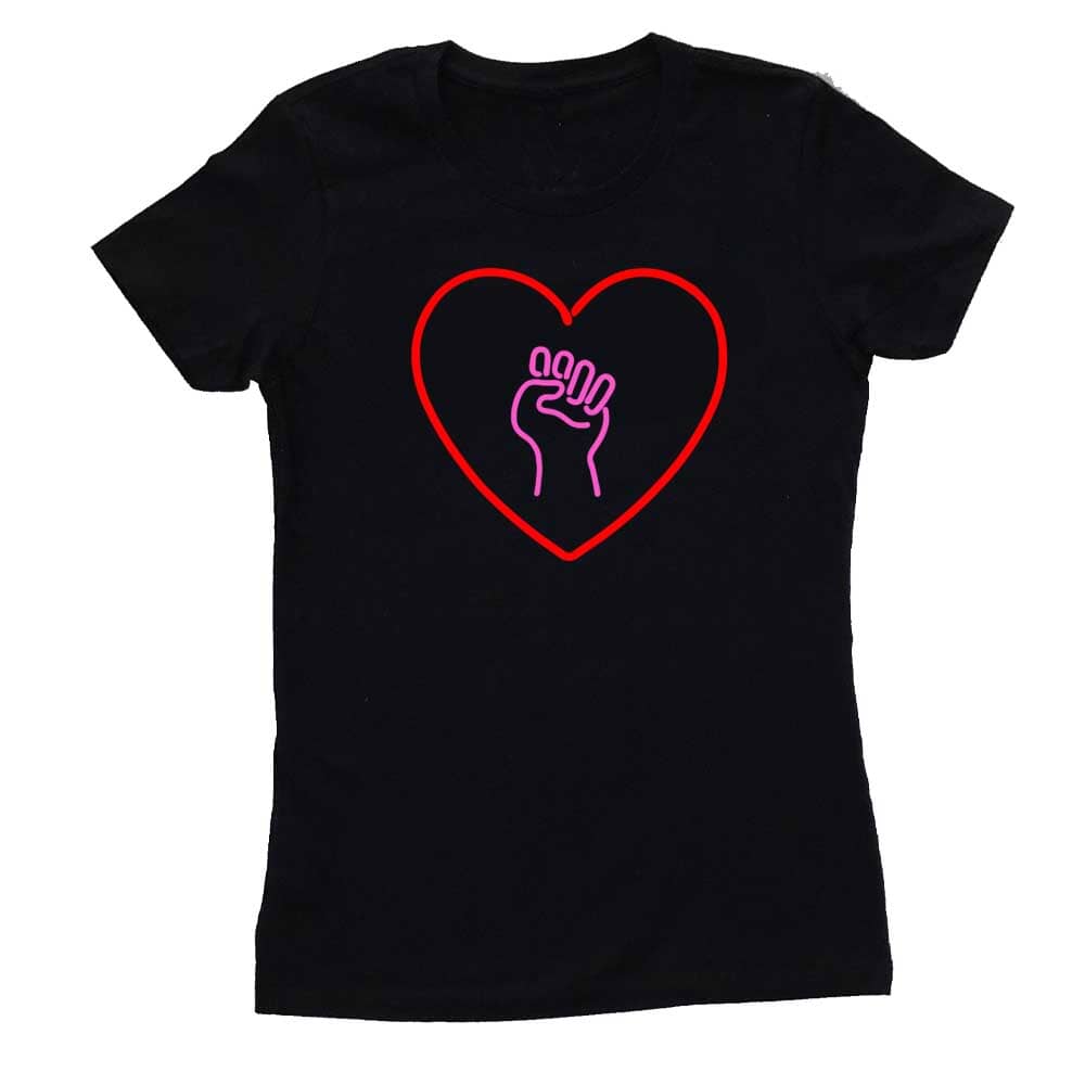 heart and solidarity fist graphic black womens t-shirt
