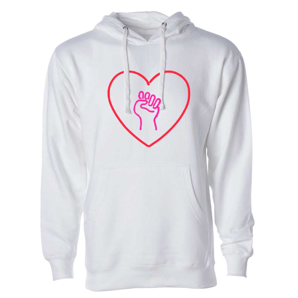 heart and solidarity fist pullover hooded white sweatshirt