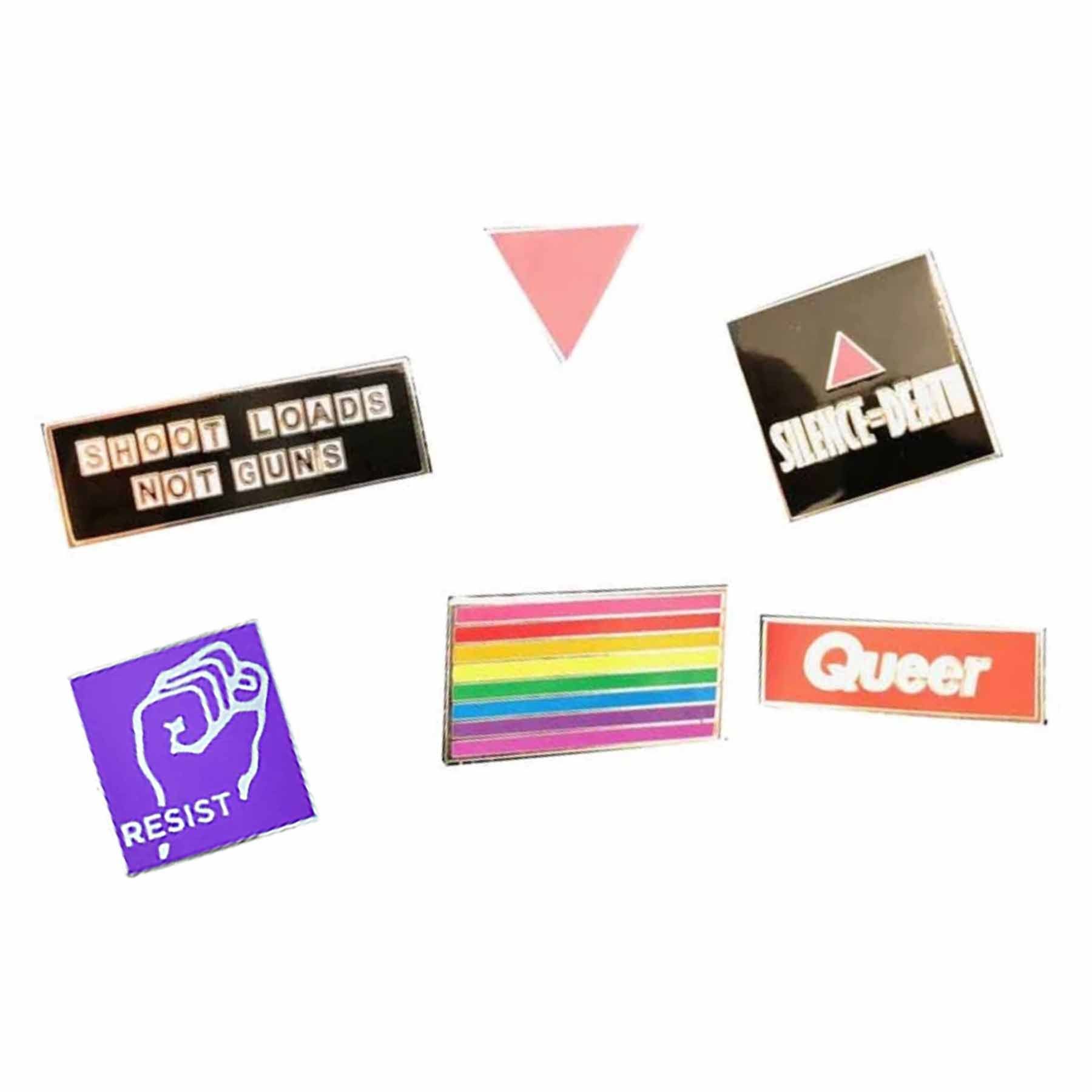 Queer pin pack adams nest pink triangles silence equals death shoot loads not guns gilbert baker rainbow resist fist pins