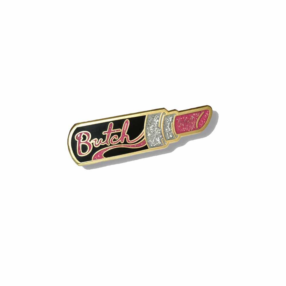 butch glitter lipstick enamel pin
