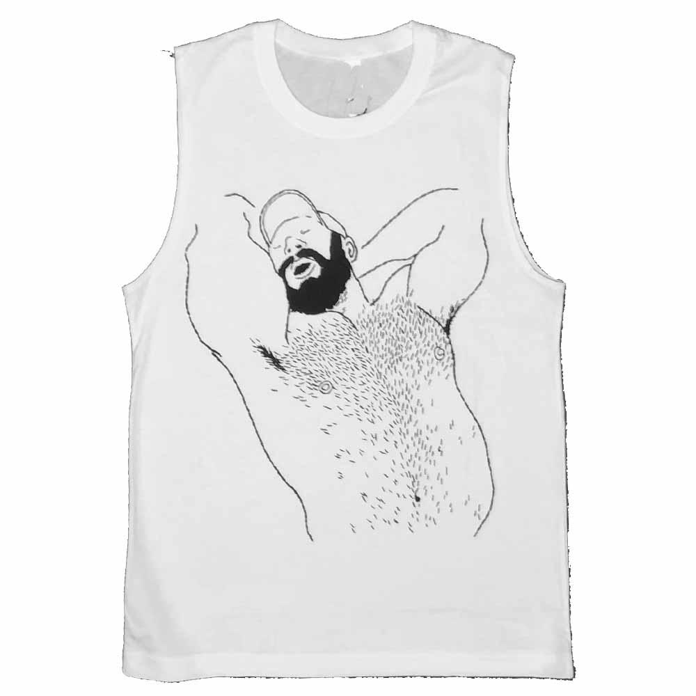kinky needles hairy chest bear beard arms up sleeveless t-shirt
