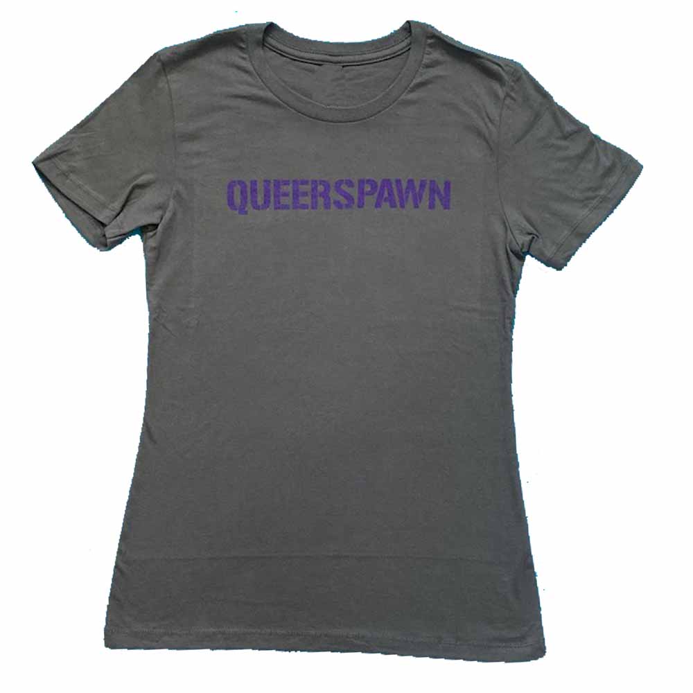 purple queerspawn on grey woman t-shirt