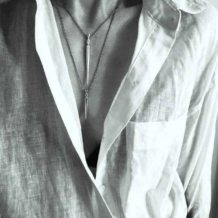 Long Sword Necklace in Silver on model