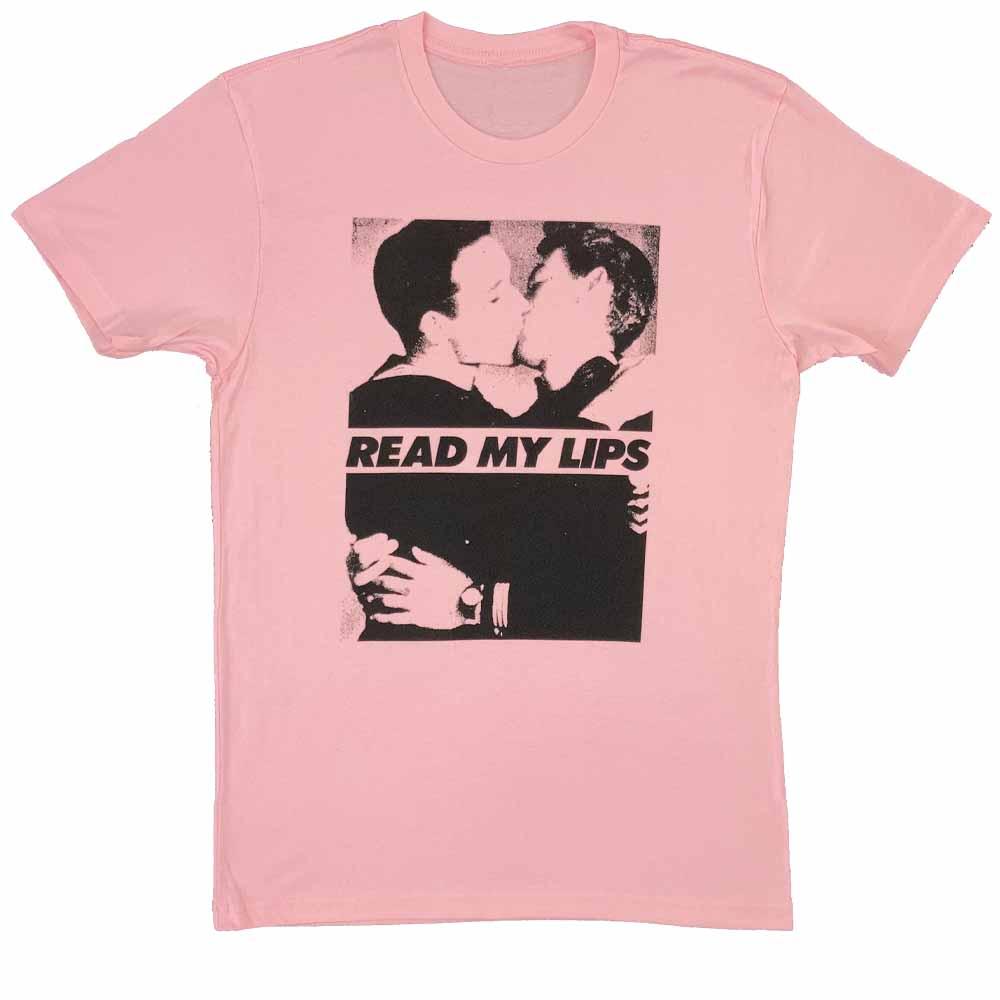 read my lips gran fury vintage photo men kissing t-shirt light pink
